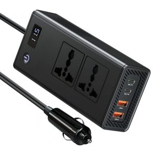 200W Car Power Inverter with Dual AC Outlets, 20W USB-C PD & 36W USB-A Ports, Digital Input Voltage Display, AC On/Off Switch 6-in-1 Converter for Cars & Road Trips - Black. 