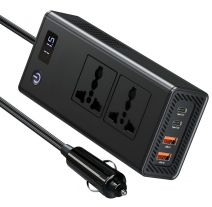 200W Car Power Inverter with Dual AC Outlets, 20W USB-C PD & 36W USB-A Ports, Digital Input Voltage Display, AC On/Off Switch 6-in-1 Converter for Cars & Road Trips - Black. 